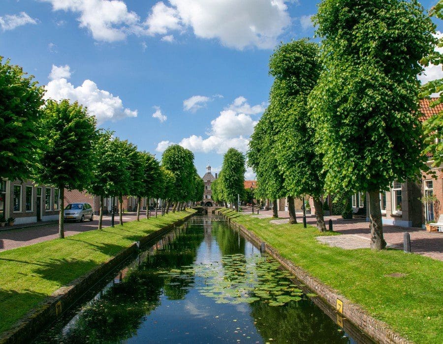 A canal runs through the middle of a park.