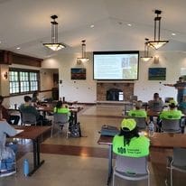Indoor seminar in rustic meeting room