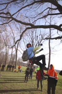 A person rappelling down from a tree.