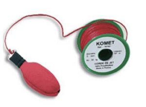 Red spool of wire with a handle.