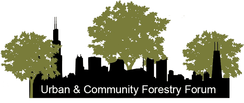 Urban forestry forum logo with trees and buildings.