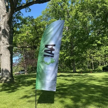 Flag with green and white design outdoors.