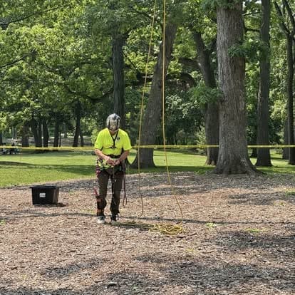 Person preparing climbing gear in wooded area.