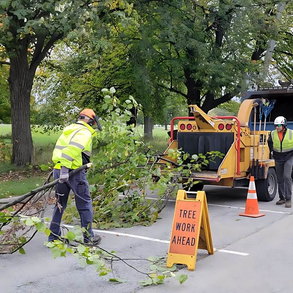 Workers clearing fallen branches with wood chipper.