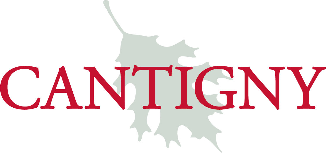 Cantigny red wordmark over pale oak leaf